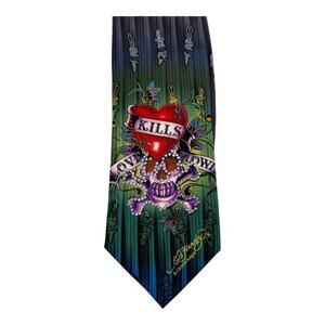 Y2K Ed Hardy Christian Audigier Skull & Heart Silk Necktie Tie - Vintage